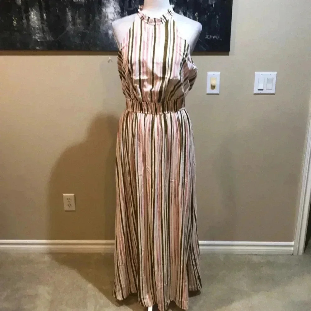 Nine West Striped Elastic Waist Halter Ruffle Neck Fully Lined Maxi-Size M